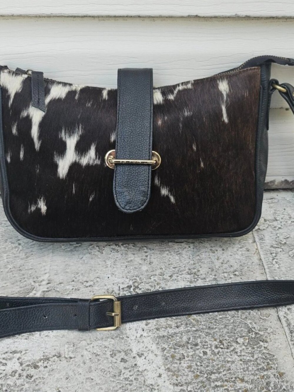 Handcrafted Cross Body Bag Real Fur Genuine Leather Shoulder Bag Black/White Fur